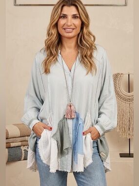 Oli & Hali Pale Blue Oversized Button Front Women's Shirt patchwork fabric hem